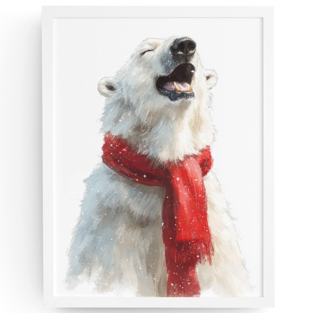 Watercolor Polar Bear with Red Scarf Portrait Wall Art Print Poster, Unframed